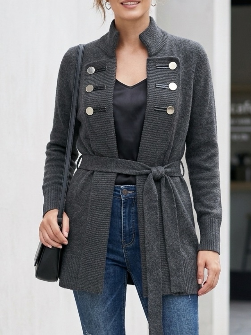 Mystree Charcoal Gray Military Knit Belted Cardigan Sweater NEW!